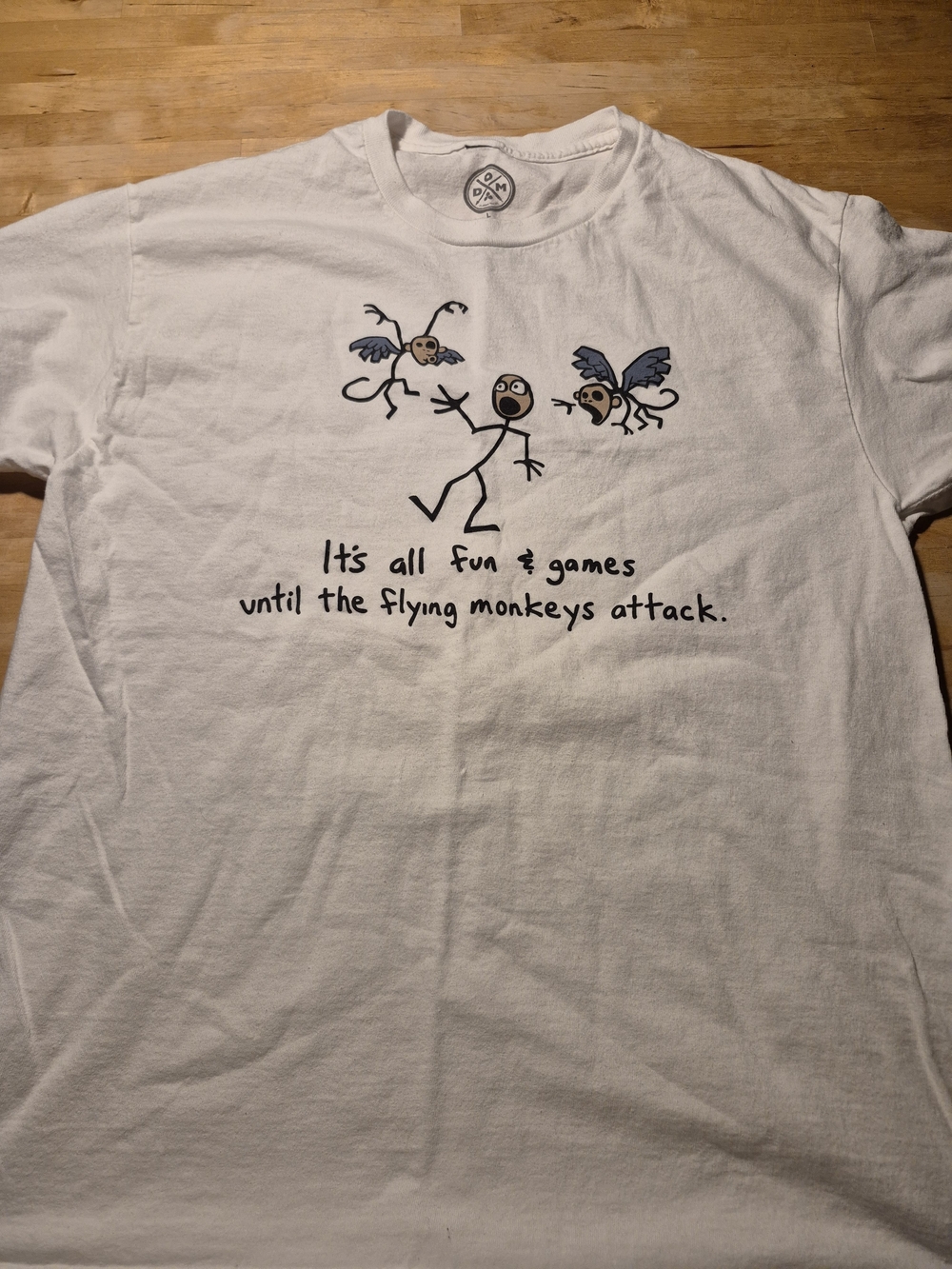 White Graphic Tee with Flying Monkeys Illustration 3572